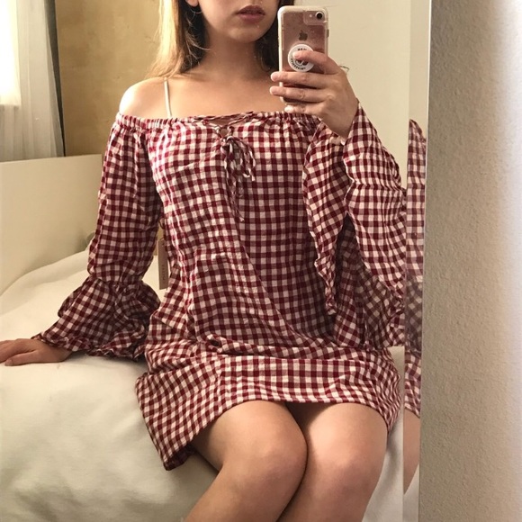 Capulet Dresses & Skirts - Capulet Red Gingham Off Shoulder Bell Sleeve Dress